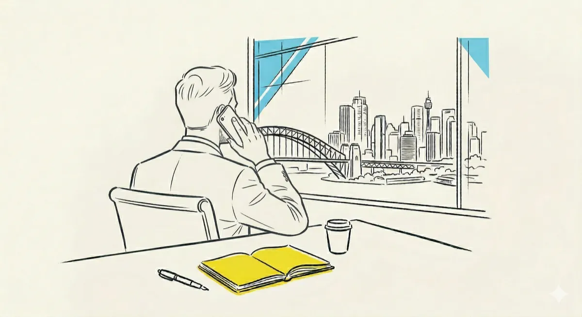Illustration of a confident accountant standing in front of the Sydney skyline